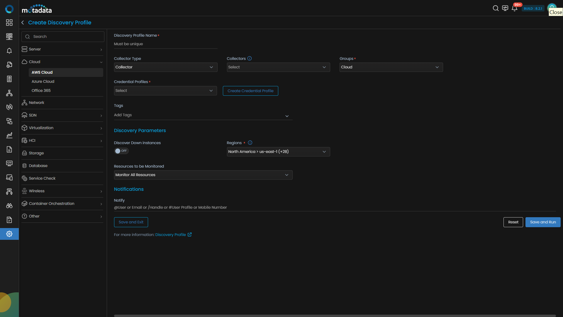Discovery Profile form filled in with AWS Cloud details
